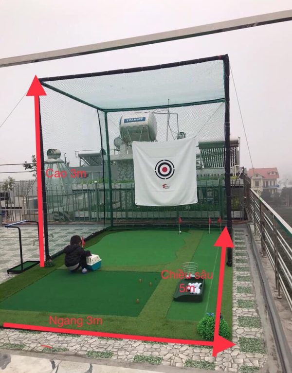 (Combo 2) Khung lồng tập golf 3x3x3m, thảm putt, swing 3x5m, 4 lỗ cờ inox, khay bóng